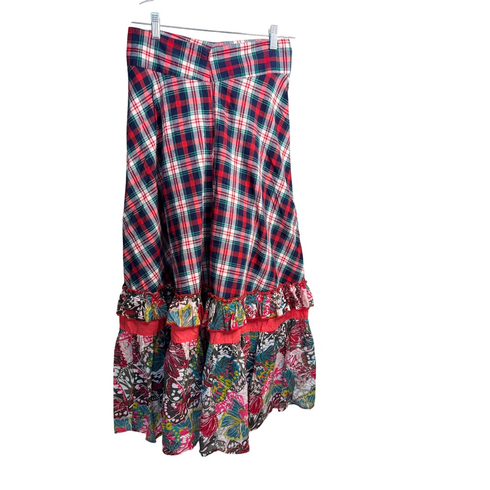 Solitaire Plaid Floral Butterfly Tiered Maxi Skirt Red Navy Blue Boho Ruffle M - Picture 6 of 7